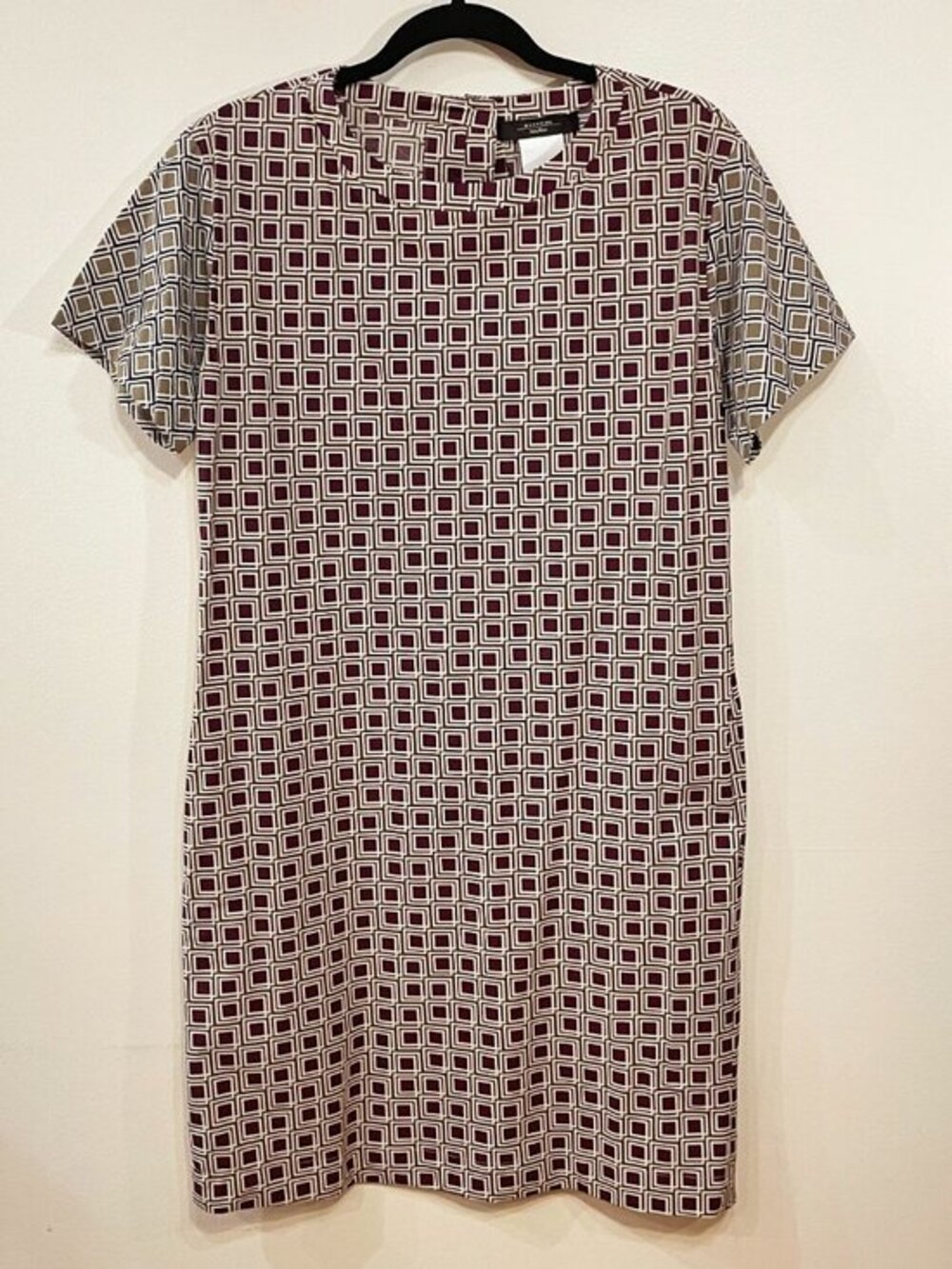 New Weekend Max Mara 100% Cotton Geo Shift Dress Ecru Bordeaux 38, 6 $425